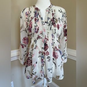 American Rag Sheer Blouse, Large, Tuxedo Front Top Babydoll, Floral, White